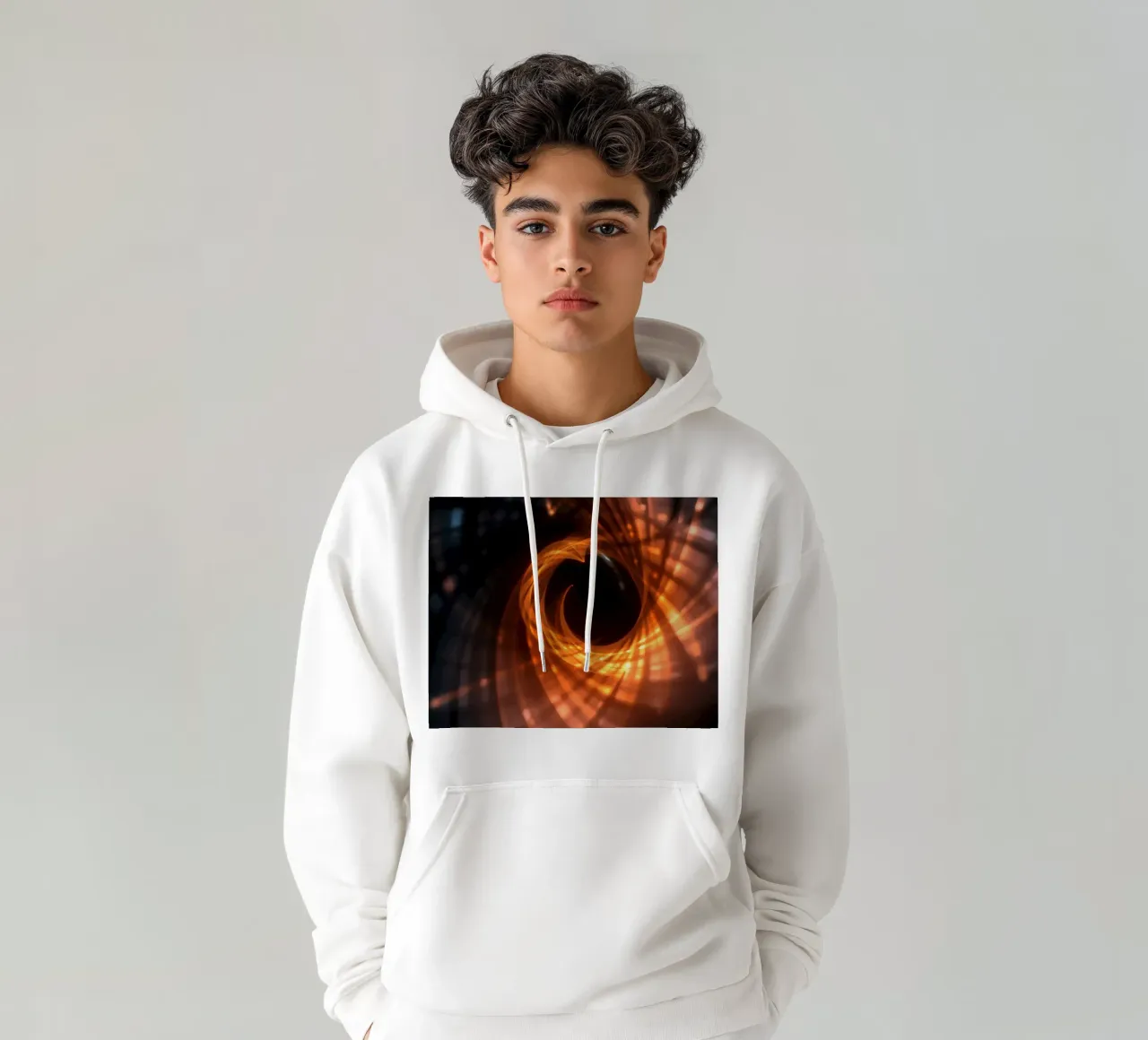 Swirling patterns of orange and black create an abstract art hoodie by DesignDoodle