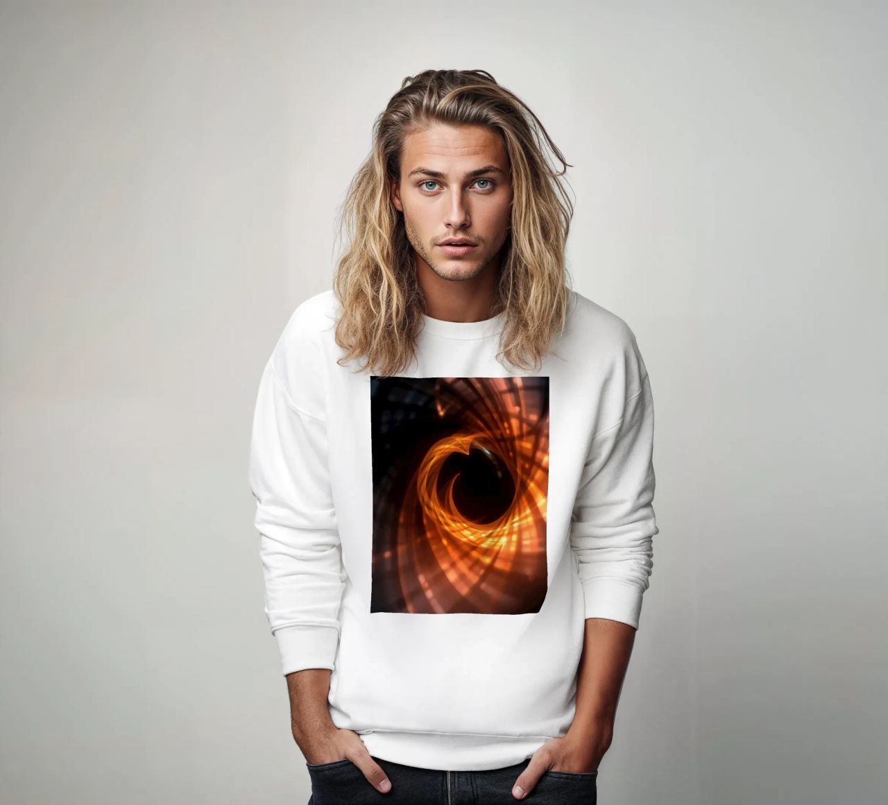 Swirling patterns of orange and black create an abstract art sweatshirt by DesignDoodle
