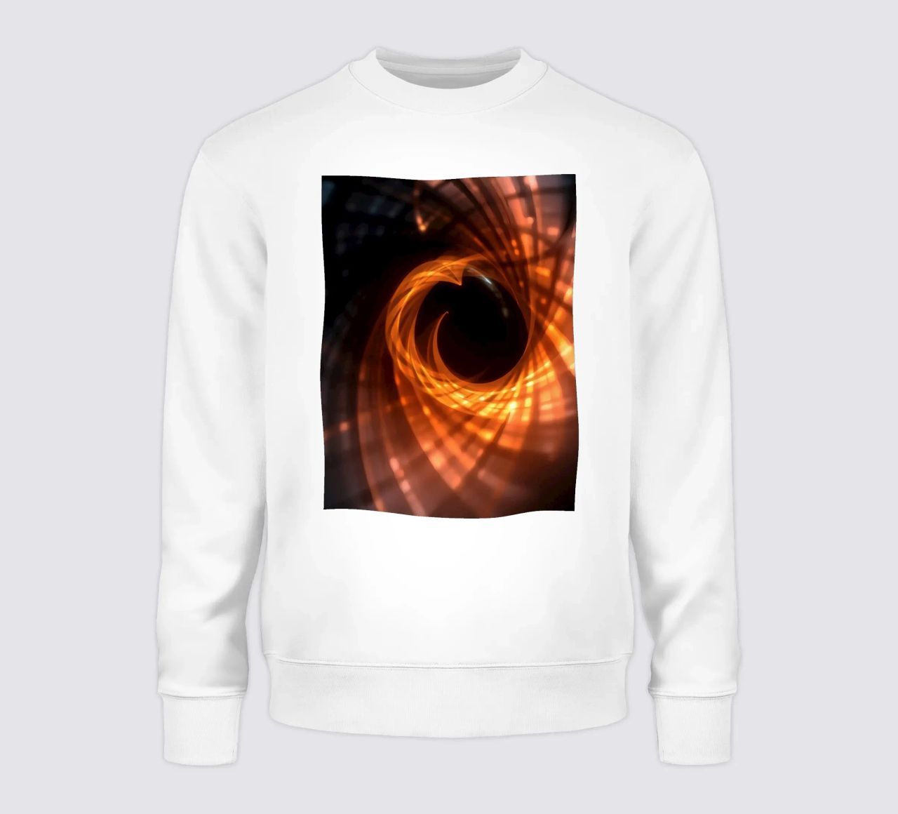Swirling patterns of orange and black create an abstract art sweatshirt by DesignDoodle