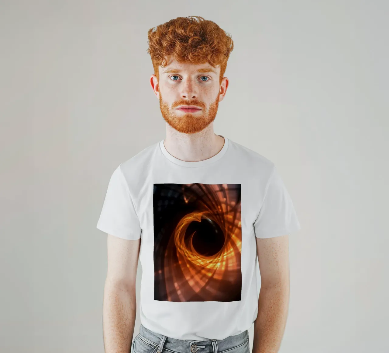 Swirling patterns of orange and black create an abstract art t-shirt by DesignDoodle