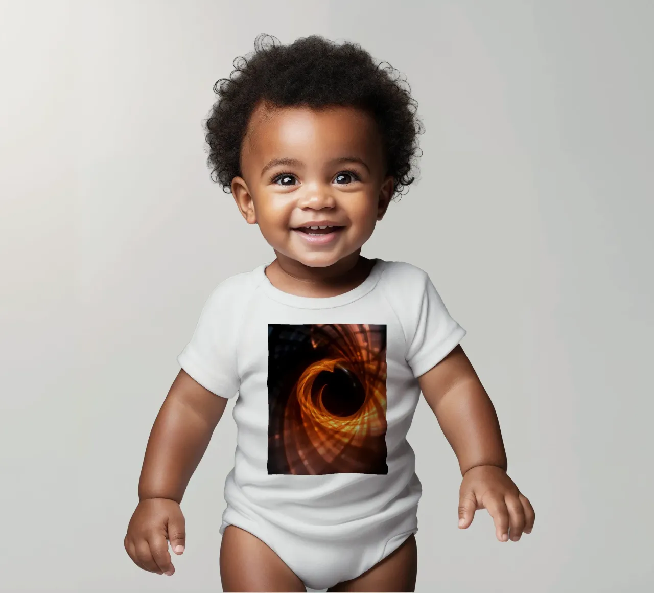 Swirling patterns of orange and black create an abstract art short-sleeve baby romper by DesignDoodle