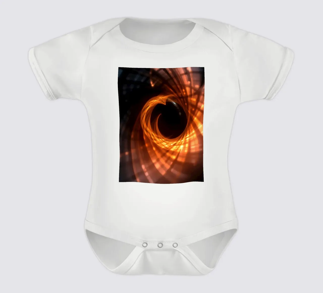 Swirling patterns of orange and black create an abstract art short-sleeve baby romper by DesignDoodle
