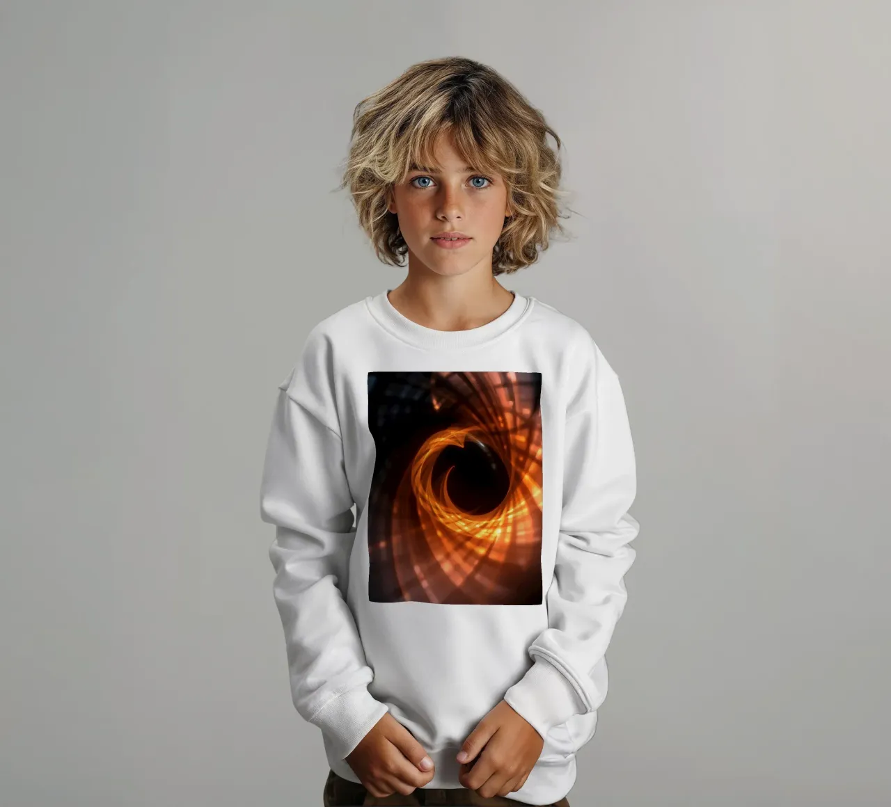 Swirling patterns of orange and black create an abstract art kids sweatshirt by DesignDoodle