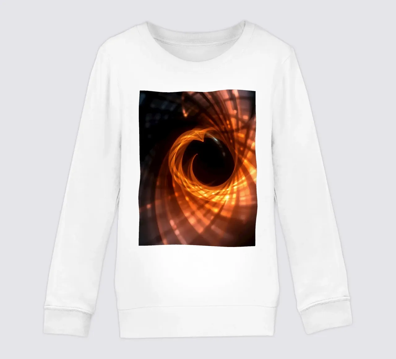 Swirling patterns of orange and black create an abstract art kids sweatshirt by DesignDoodle