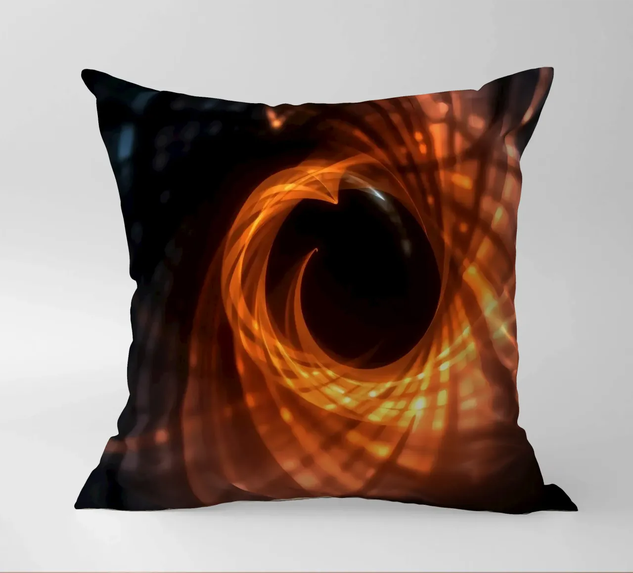 Swirling patterns of orange and black create an abstract art decorative cushion by DesignDoodle