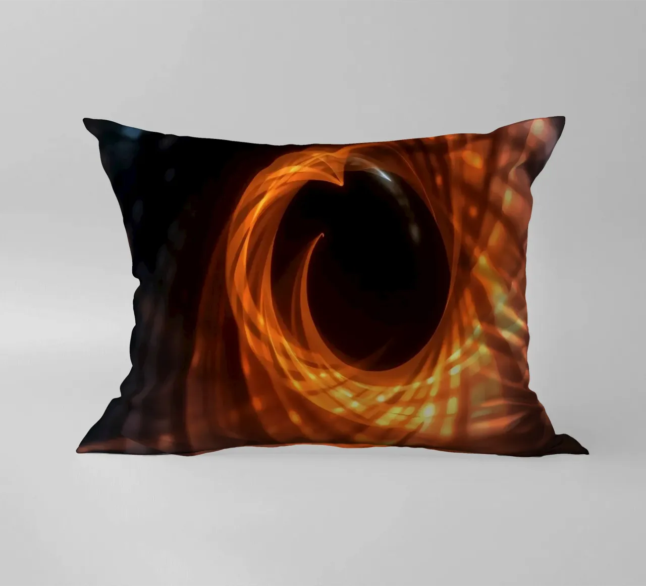 Swirling patterns of orange and black create an abstract art decorative cushion by DesignDoodle
