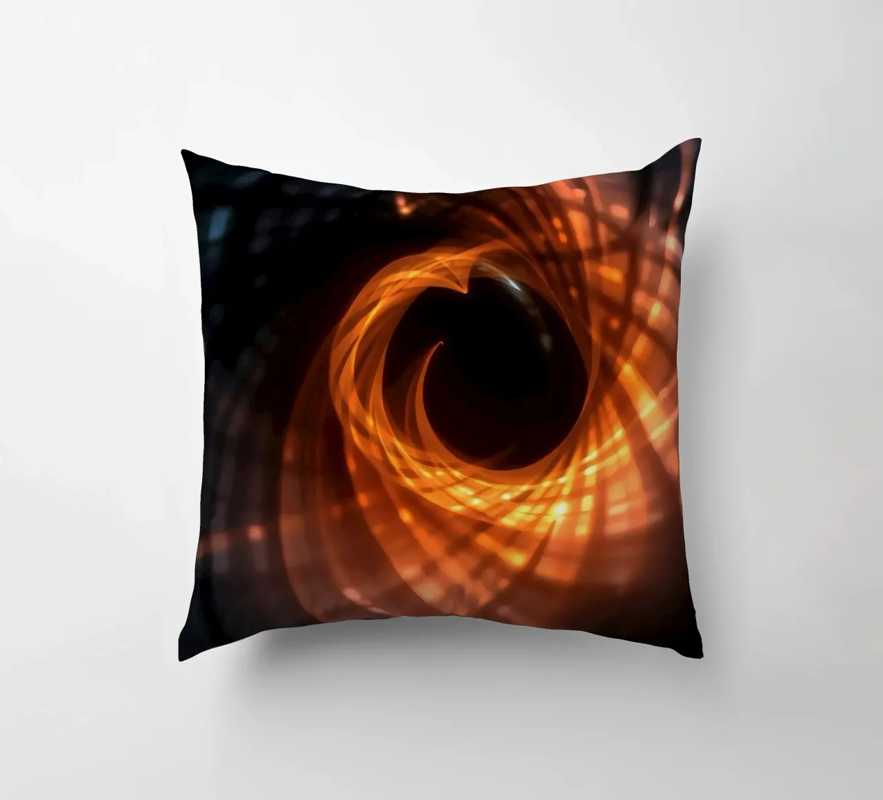Swirling patterns of orange and black create an abstract art decorative cushion by DesignDoodle