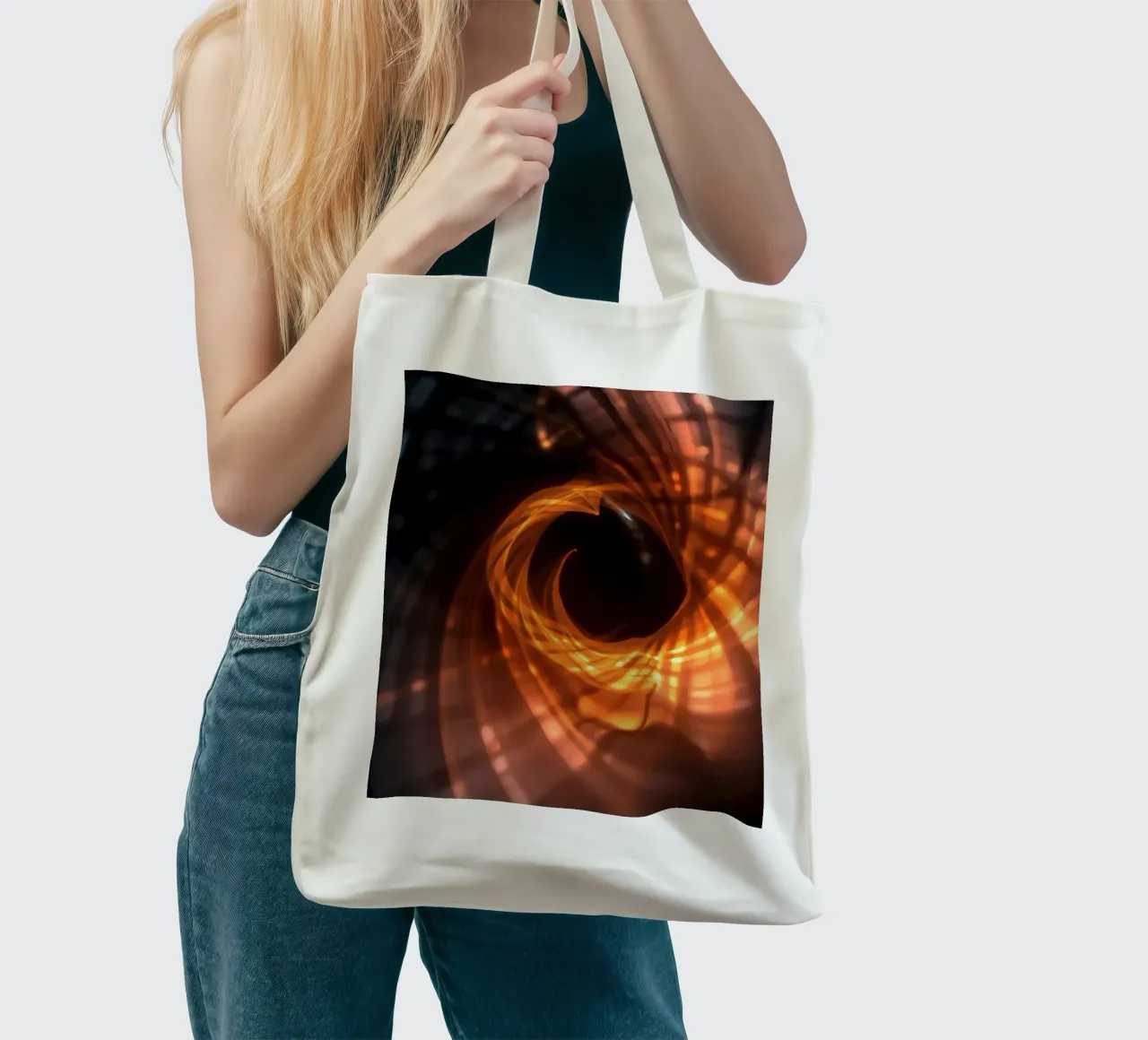 Swirling patterns of orange and black create an abstract art tote bag by DesignDoodle
