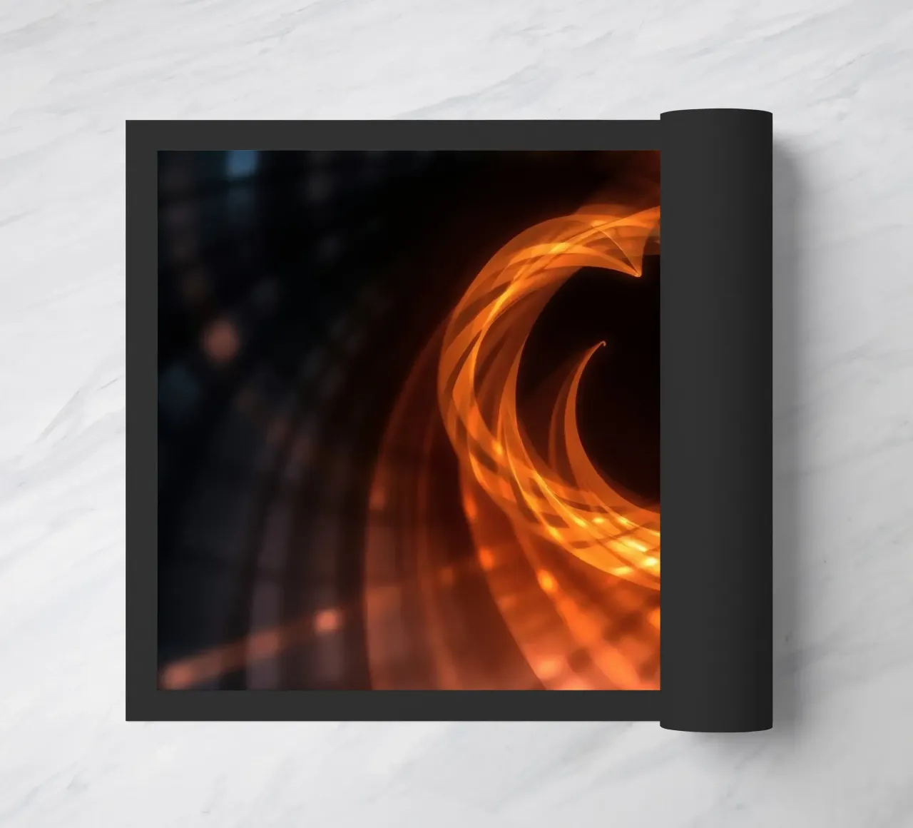Swirling patterns of orange and black create an abstract art doormat by DesignDoodle