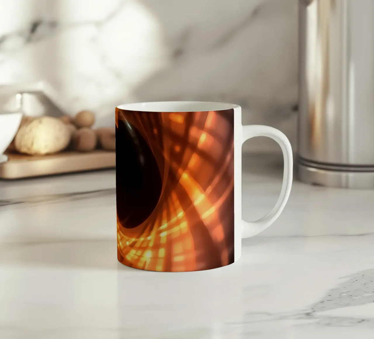 Swirling patterns of orange and black create an abstract art ceramic mug by DesignDoodle