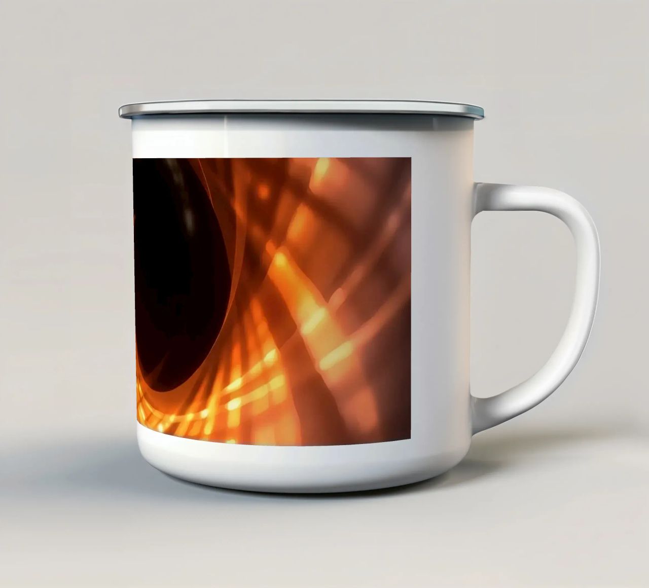 Swirling patterns of orange and black create an abstract art enamel mug by DesignDoodle