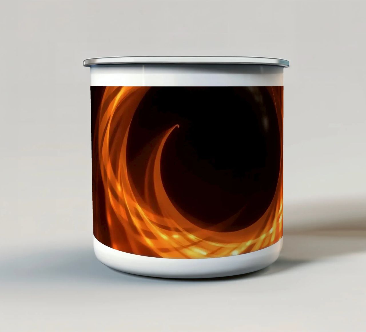 Swirling patterns of orange and black create an abstract art enamel mug by DesignDoodle