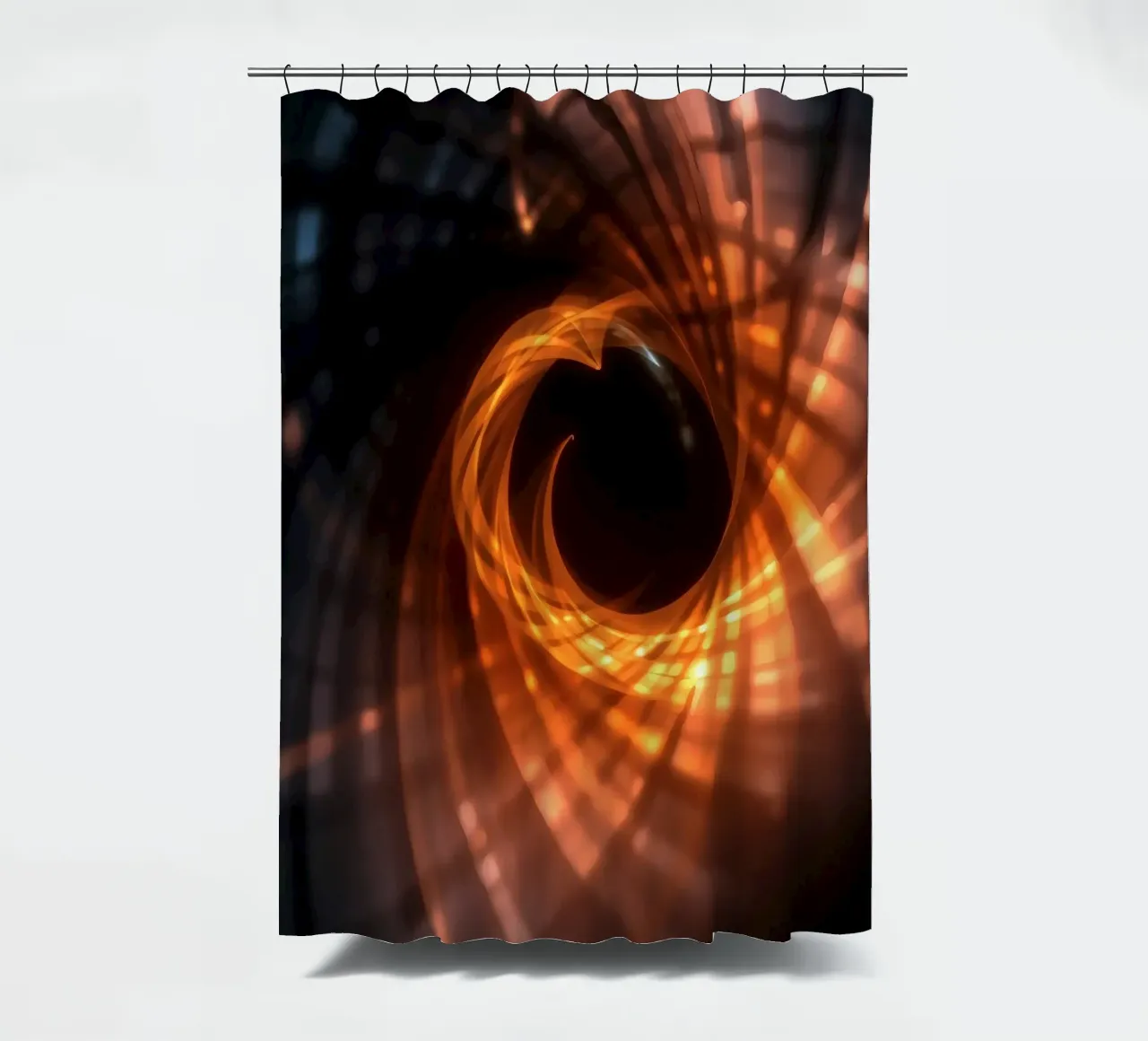 Swirling patterns of orange and black create an abstract art shower curtain by DesignDoodle