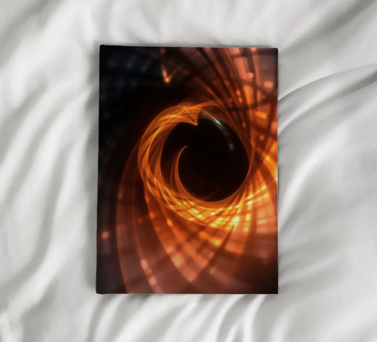 Swirling patterns of orange and black create an abstract art notebook by DesignDoodle