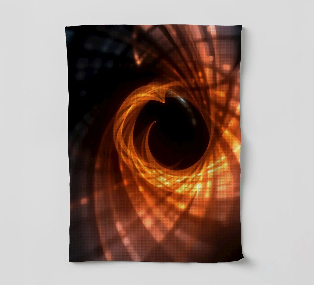 Swirling patterns of orange and black create an abstract art tea towel by DesignDoodle