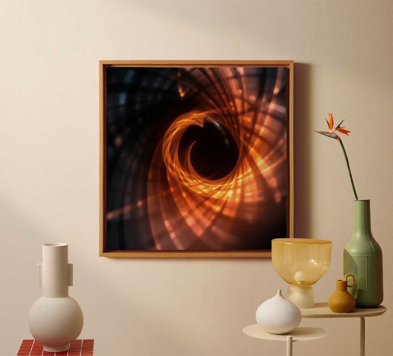 Swirling patterns of orange and black create an abstract art canvas by DesignDoodle