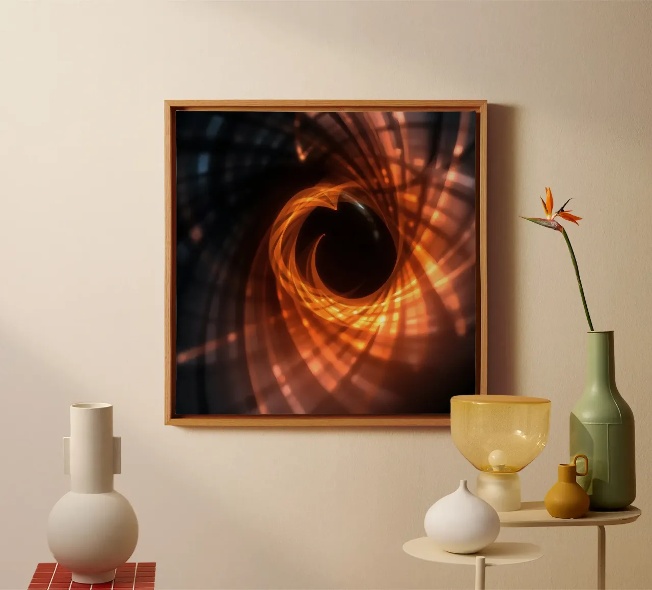 Des motifs tourbillonnants orange et noirs créent un art abstrait. toile de DesignDoodle