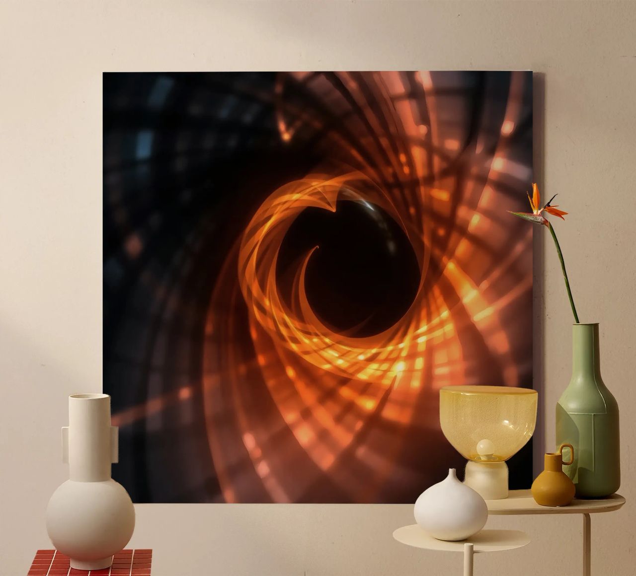 Swirling patterns of orange and black create an abstract art canvas by DesignDoodle
