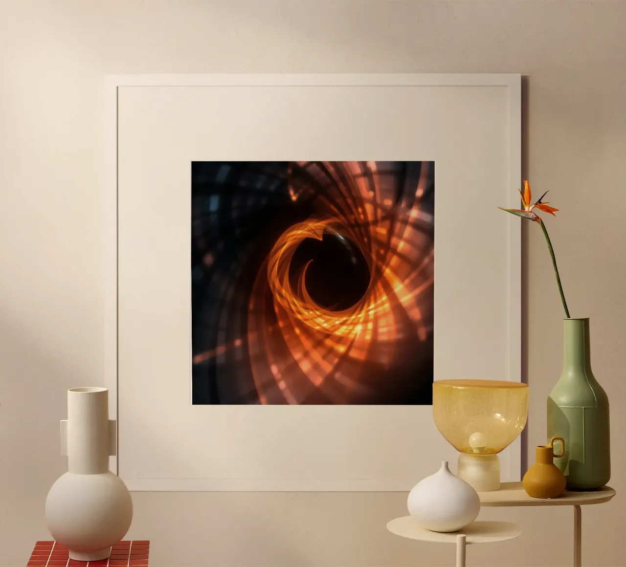 Des motifs tourbillonnants orange et noirs créent un art abstrait. hahnemühle de DesignDoodle