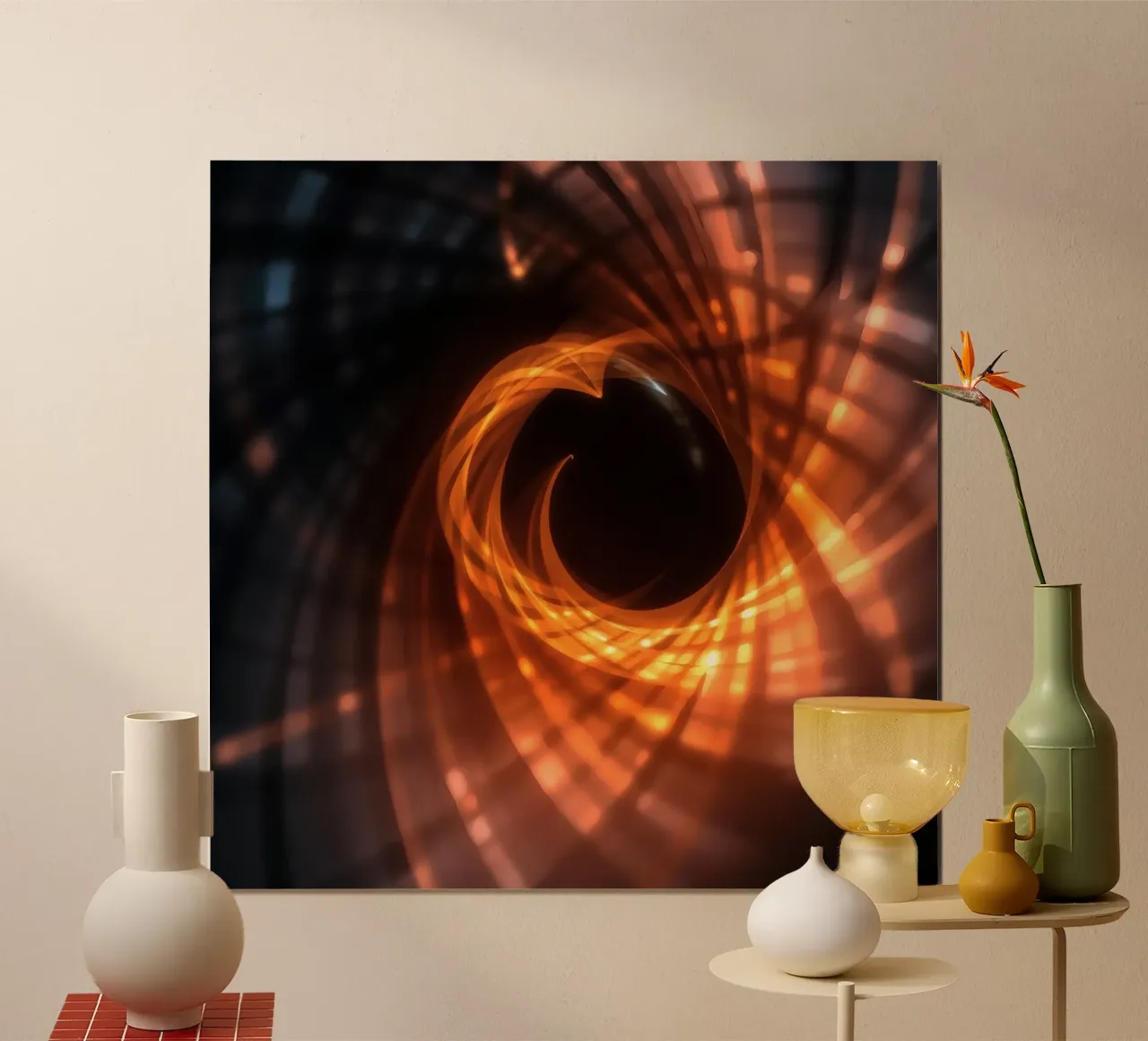 Swirling patterns of orange and black create an abstract art hahnemühle by DesignDoodle