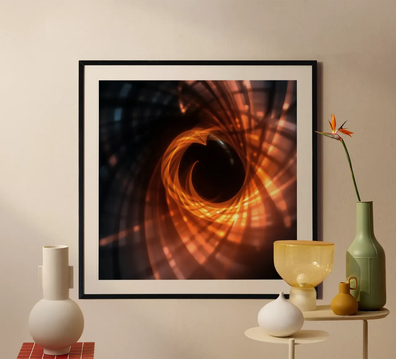 Des motifs tourbillonnants orange et noirs créent un art abstrait. hahnemühle de DesignDoodle