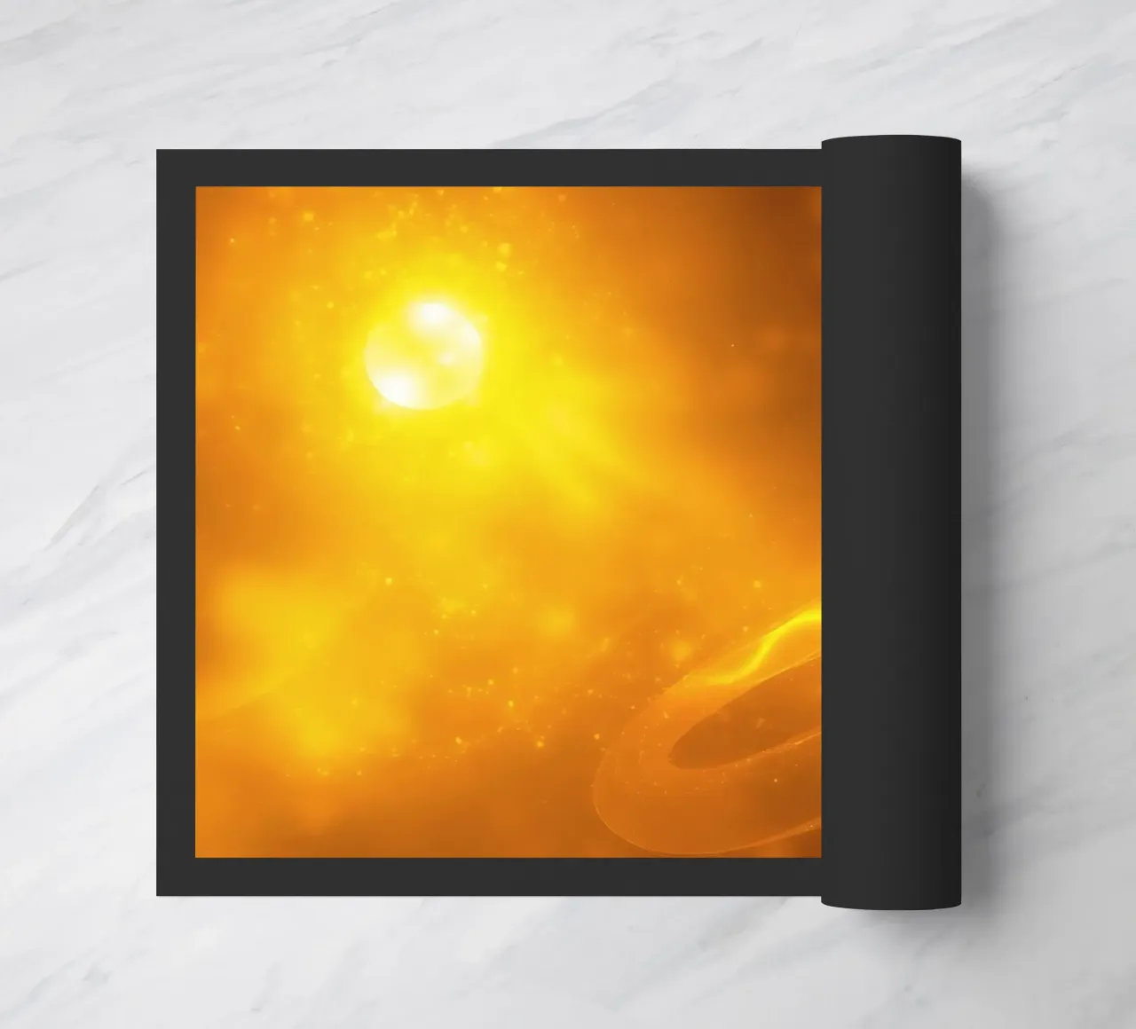 Luce astratta arancione che vortica sullo sfondo cosmico al crepuscolo zerbino da DesignDoodle