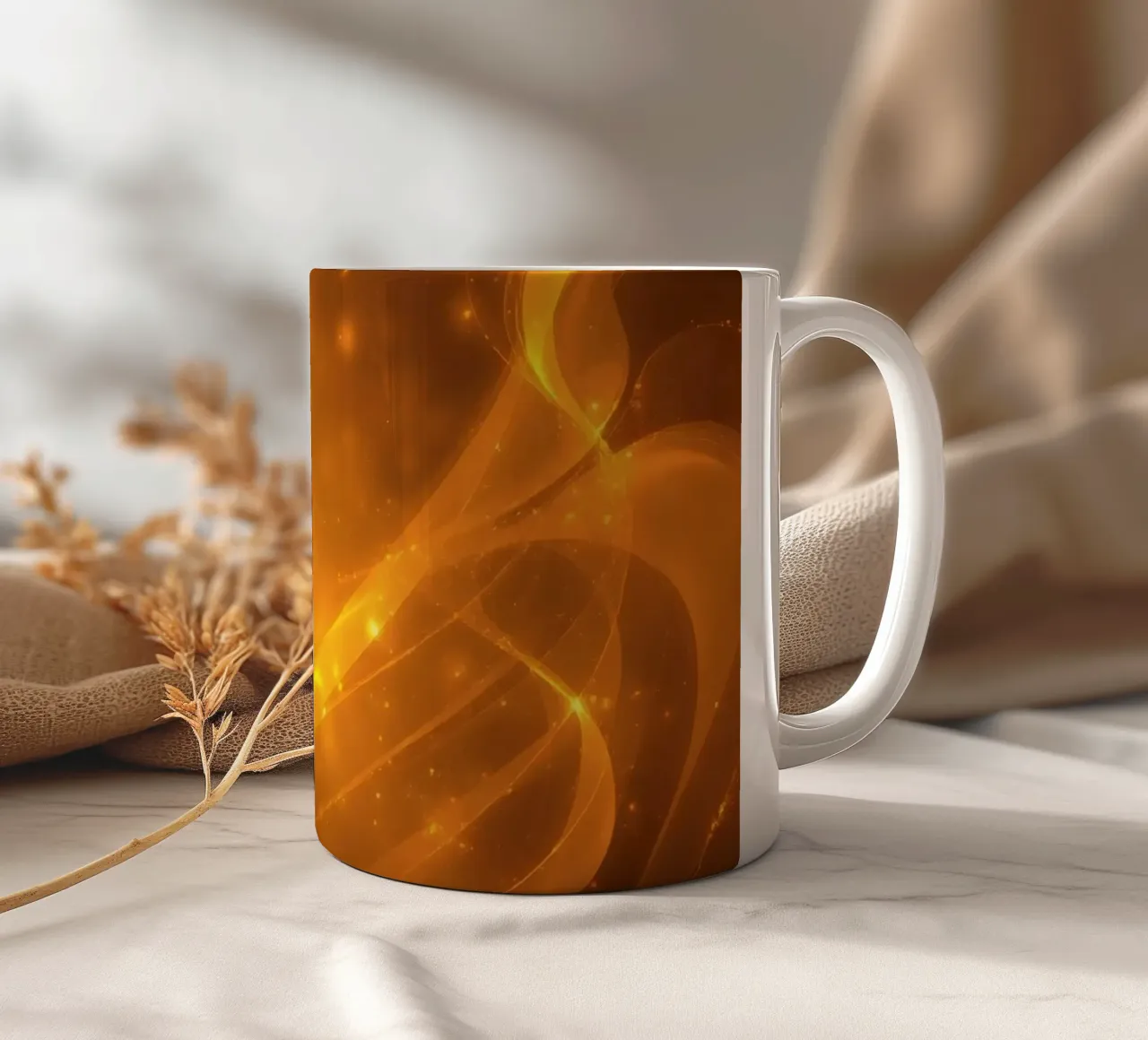 Oranje abstract licht wervelend in kosmische achtergrond bij schemering keramische mok van DesignDoodle