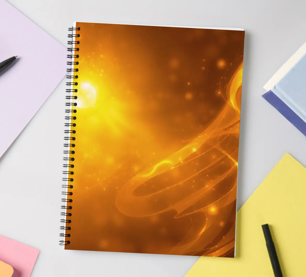 Orange abstract light swirling in cosmic background at dusk spiral notebook by DesignDoodle