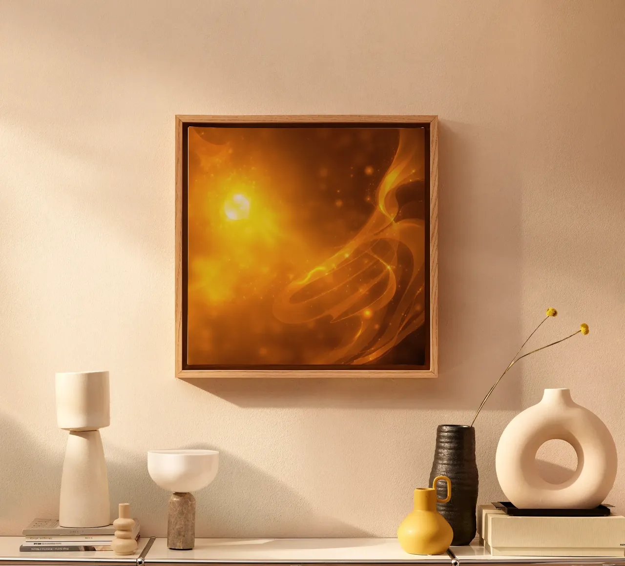 Oranje abstract licht wervelend in kosmische achtergrond bij schemering canvas van DesignDoodle