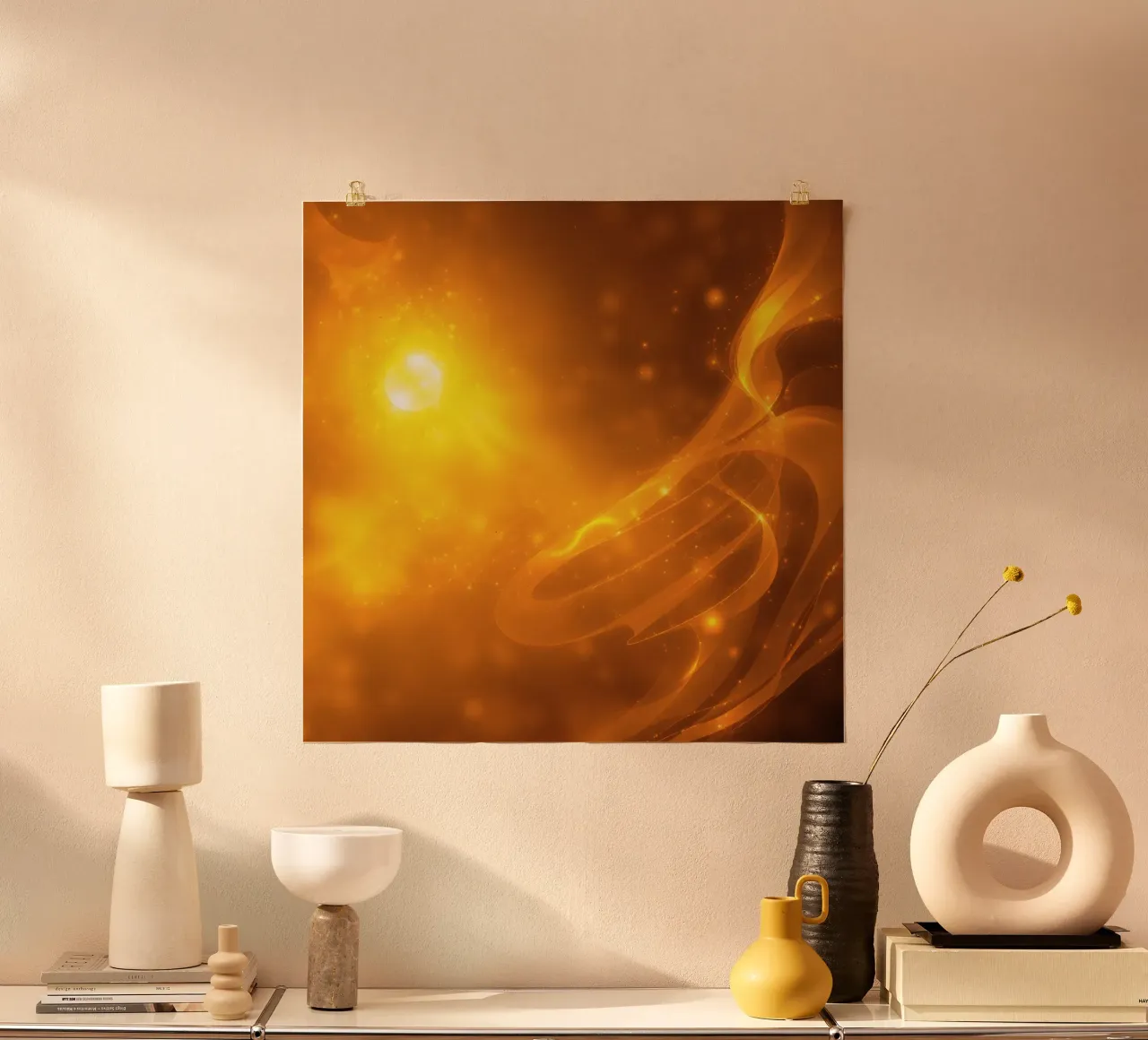 Oranje abstract licht wervelend in kosmische achtergrond bij schemering hahnemühle van DesignDoodle