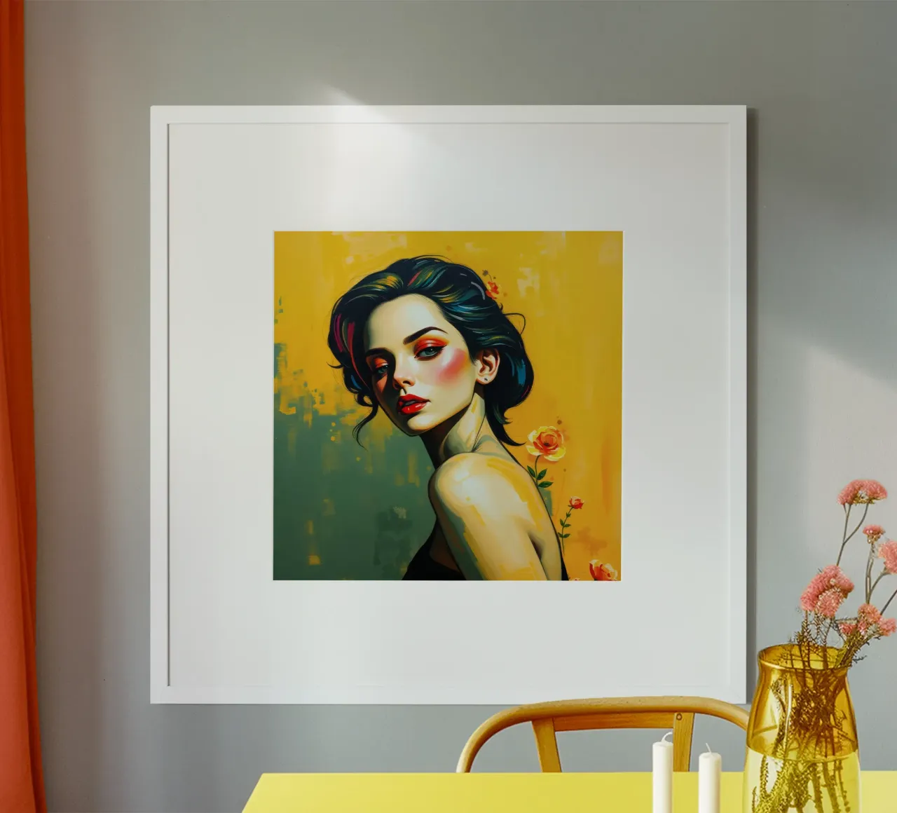 Porträt einer Frau mit Make-up vor einer gelben Blumenkunst Poster mit Kunststoffrahmen von DesignDoodle