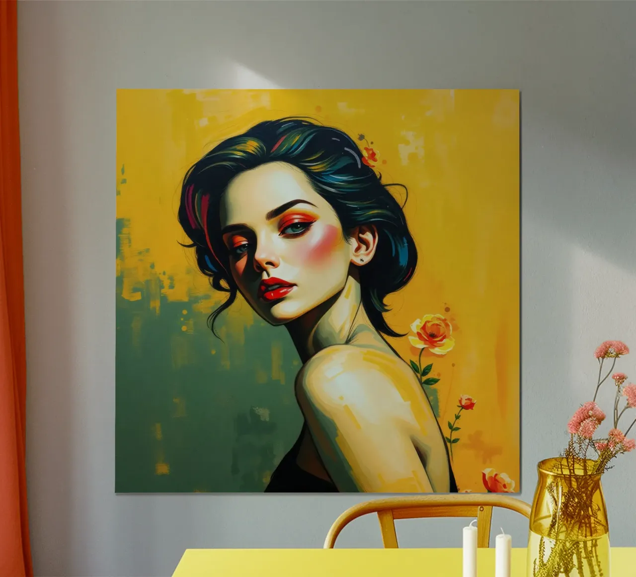 Porträt einer Frau mit Make-up vor einer gelben Blumenkunst Poster mit Kunststoffrahmen von DesignDoodle