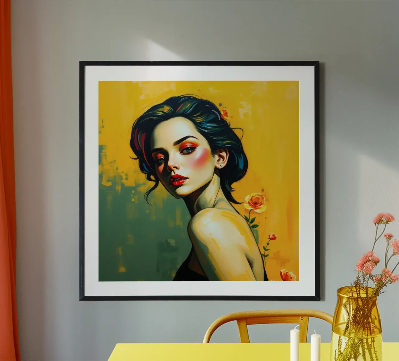 Porträt einer Frau mit Make-up vor einer gelben Blumenkunst Poster mit Kunststoffrahmen von DesignDoodle