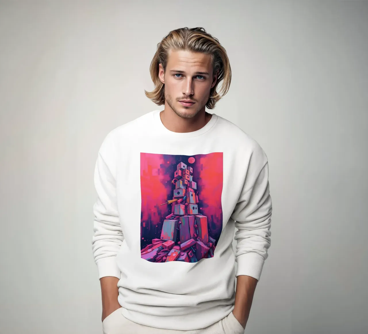 abstract tower of blocks pink art at night with a crescent sweatshirt by DesignDoodle