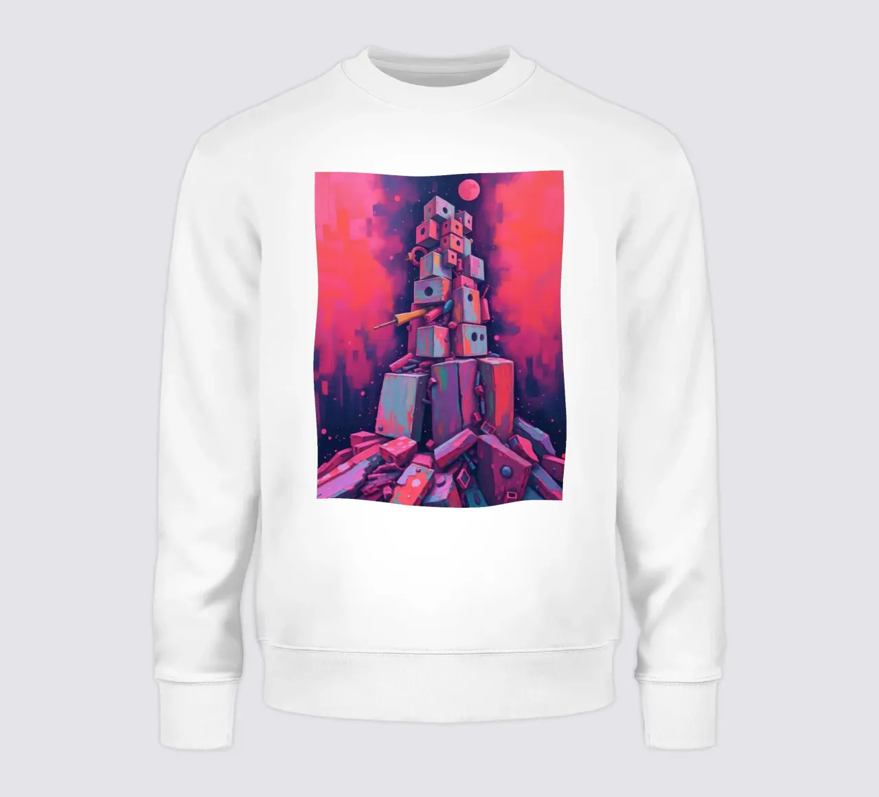 abstract tower of blocks pink art at night with a crescent sweatshirt by DesignDoodle