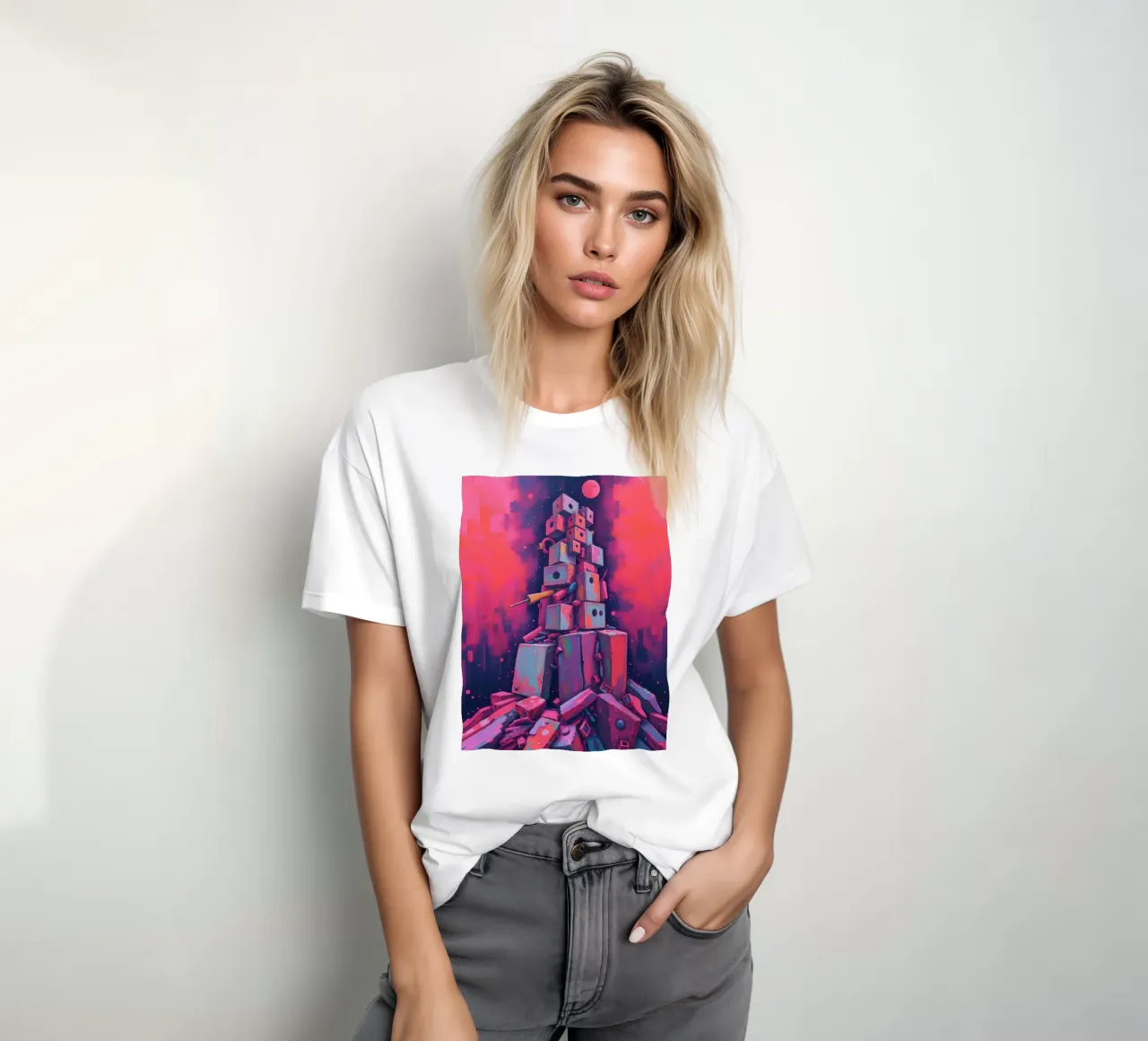 abstract tower of blocks pink art at night with a crescent t-shirt by DesignDoodle