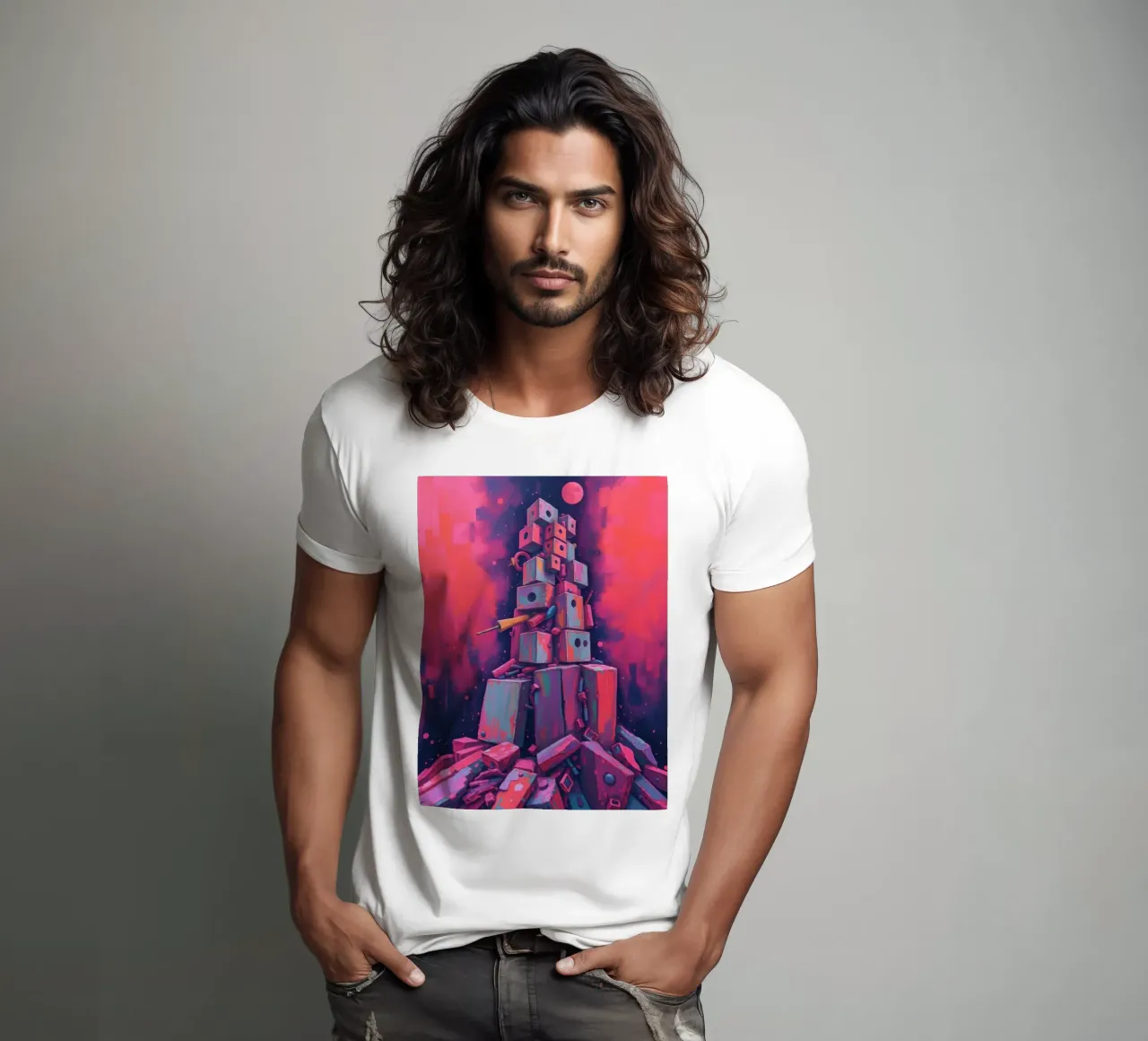 abstract tower of blocks pink art at night with a crescent t-shirt by DesignDoodle