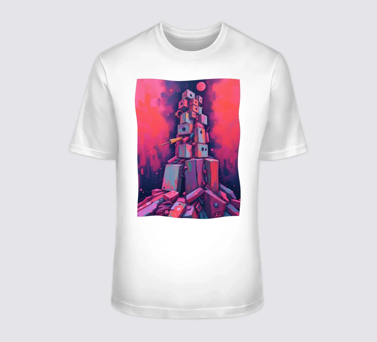 abstract tower of blocks pink art at night with a crescent t-shirt by DesignDoodle