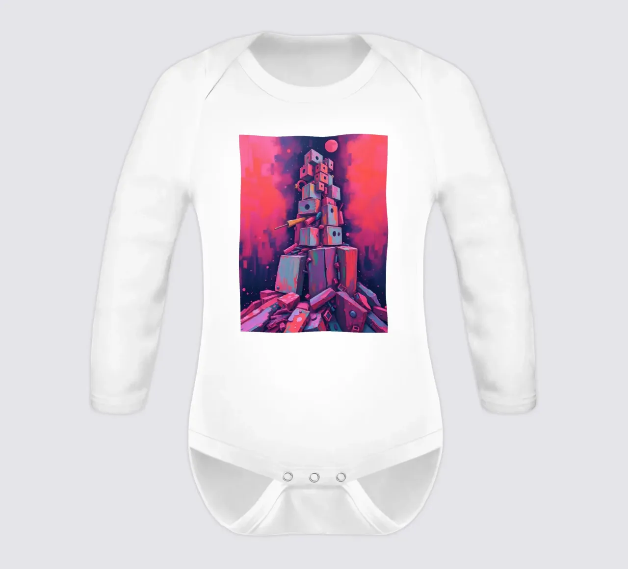 abstract tower of blocks pink art at night with a crescent long-sleeve baby romper by DesignDoodle