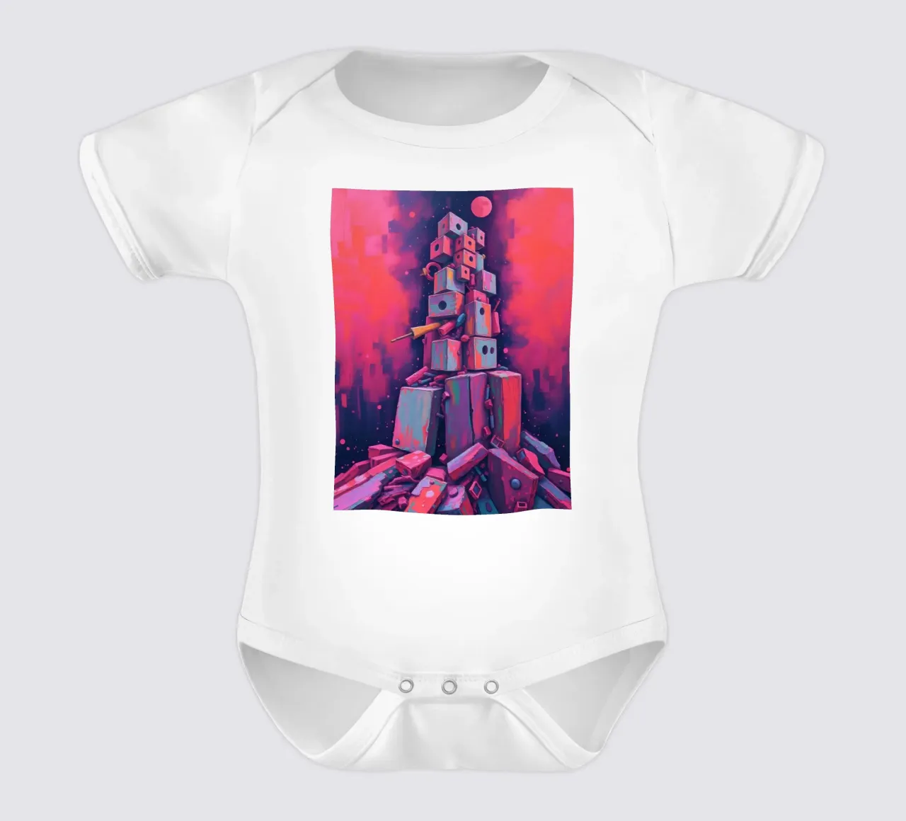 abstract tower of blocks pink art at night with a crescent short-sleeve baby romper by DesignDoodle
