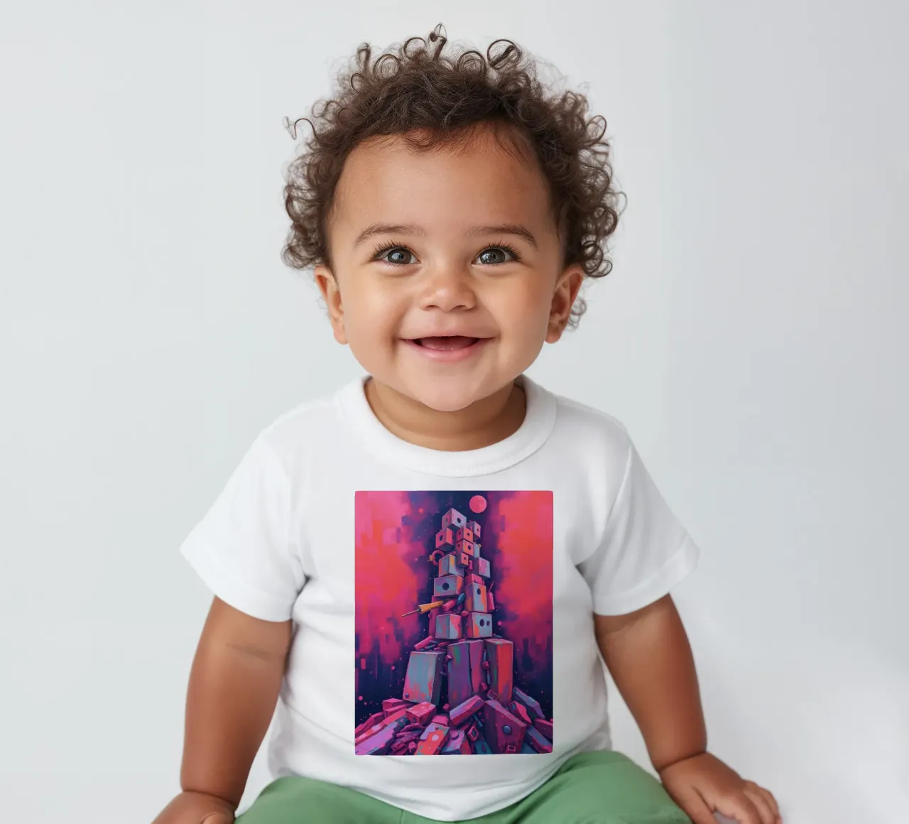 abstract tower of blocks pink art at night with a crescent baby t-shirt by DesignDoodle