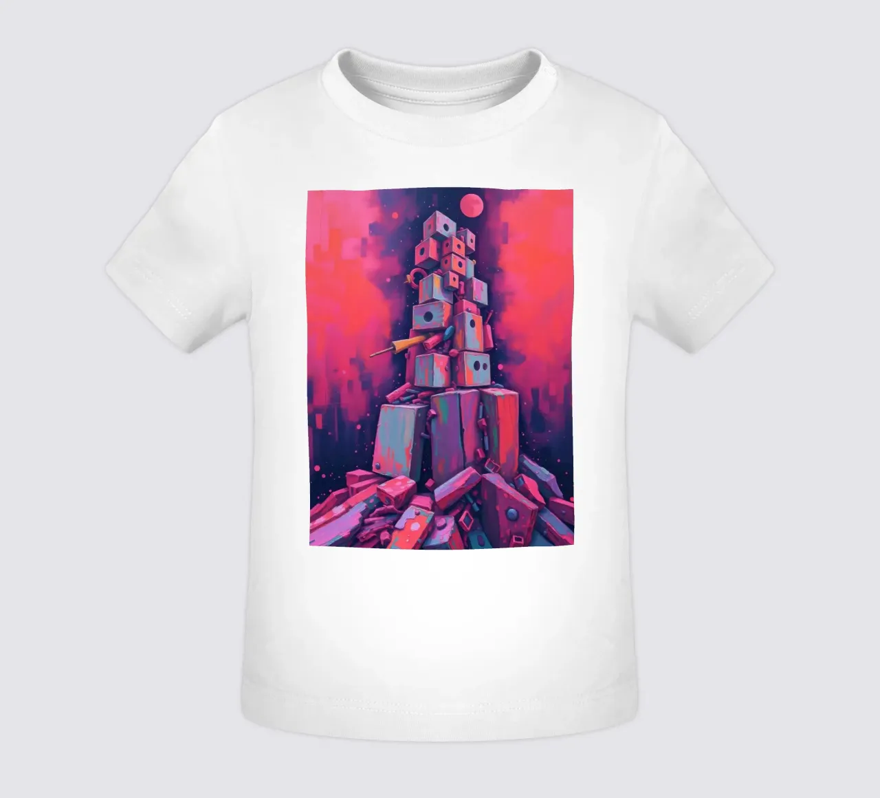 abstract tower of blocks pink art at night with a crescent baby t-shirt by DesignDoodle