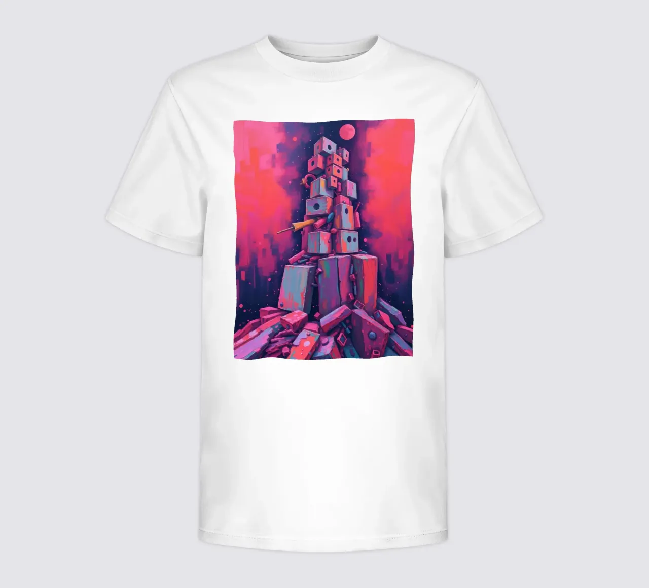 abstrakte Turm von Blöcken rosa Kunst in der Nacht mit einer Mondsichel Kinder T-Shirt von DesignDoodle