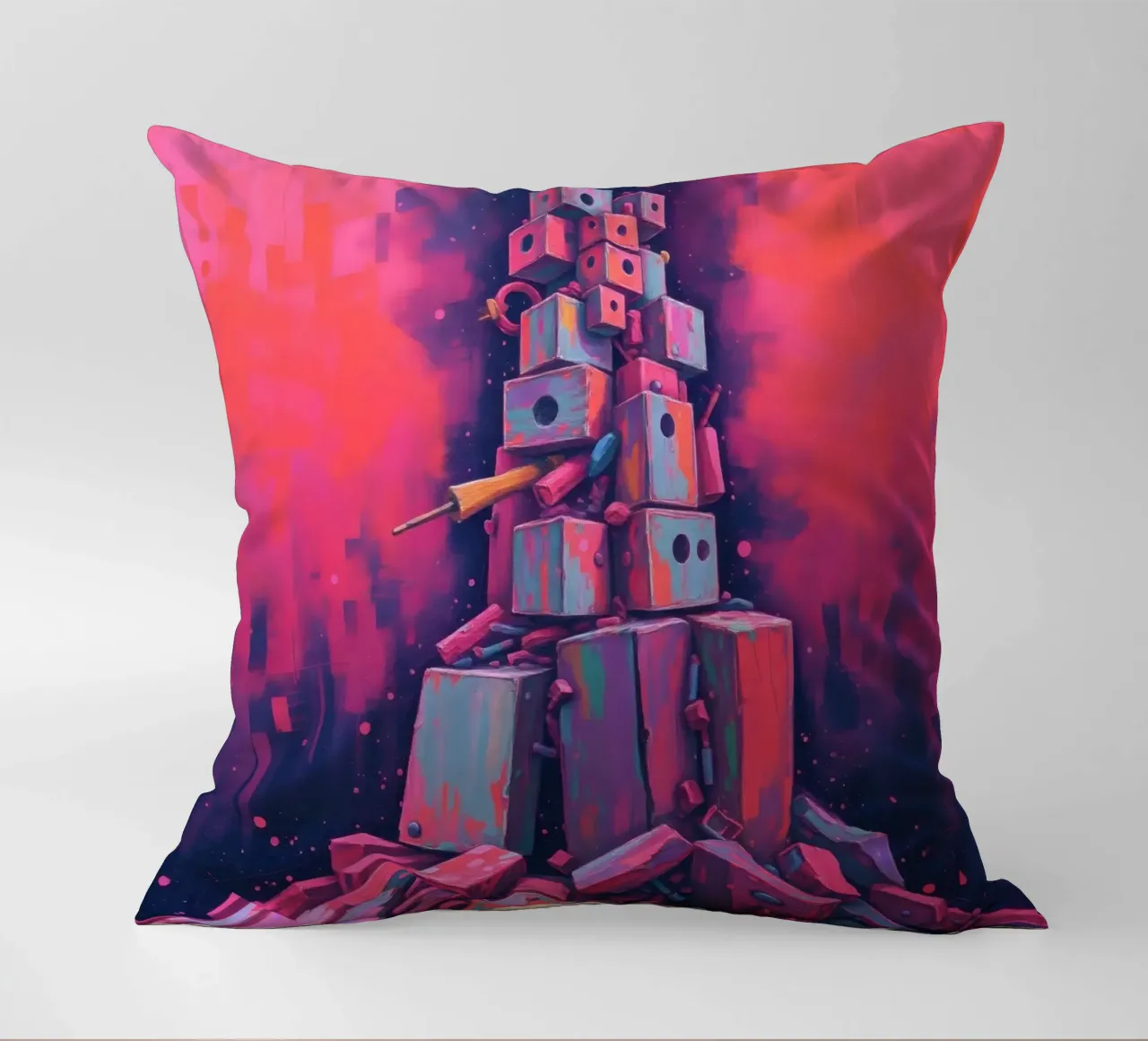 abstract tower of blocks pink art at night with a crescent decorative cushion by DesignDoodle