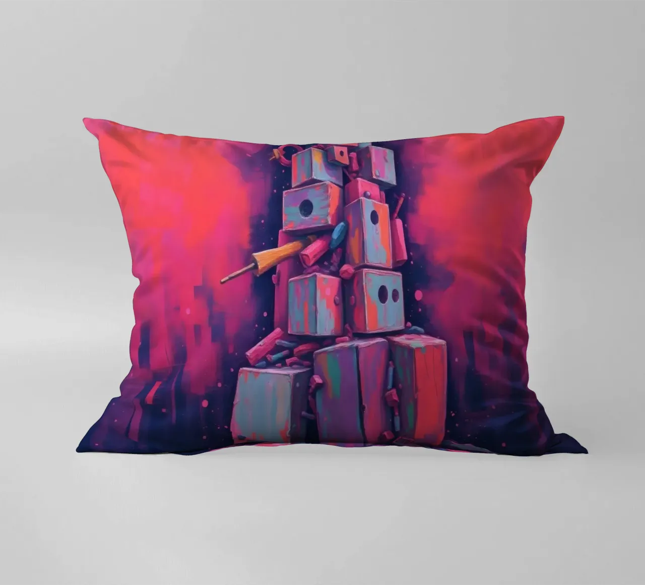 abstract tower of blocks pink art at night with a crescent decorative cushion by DesignDoodle