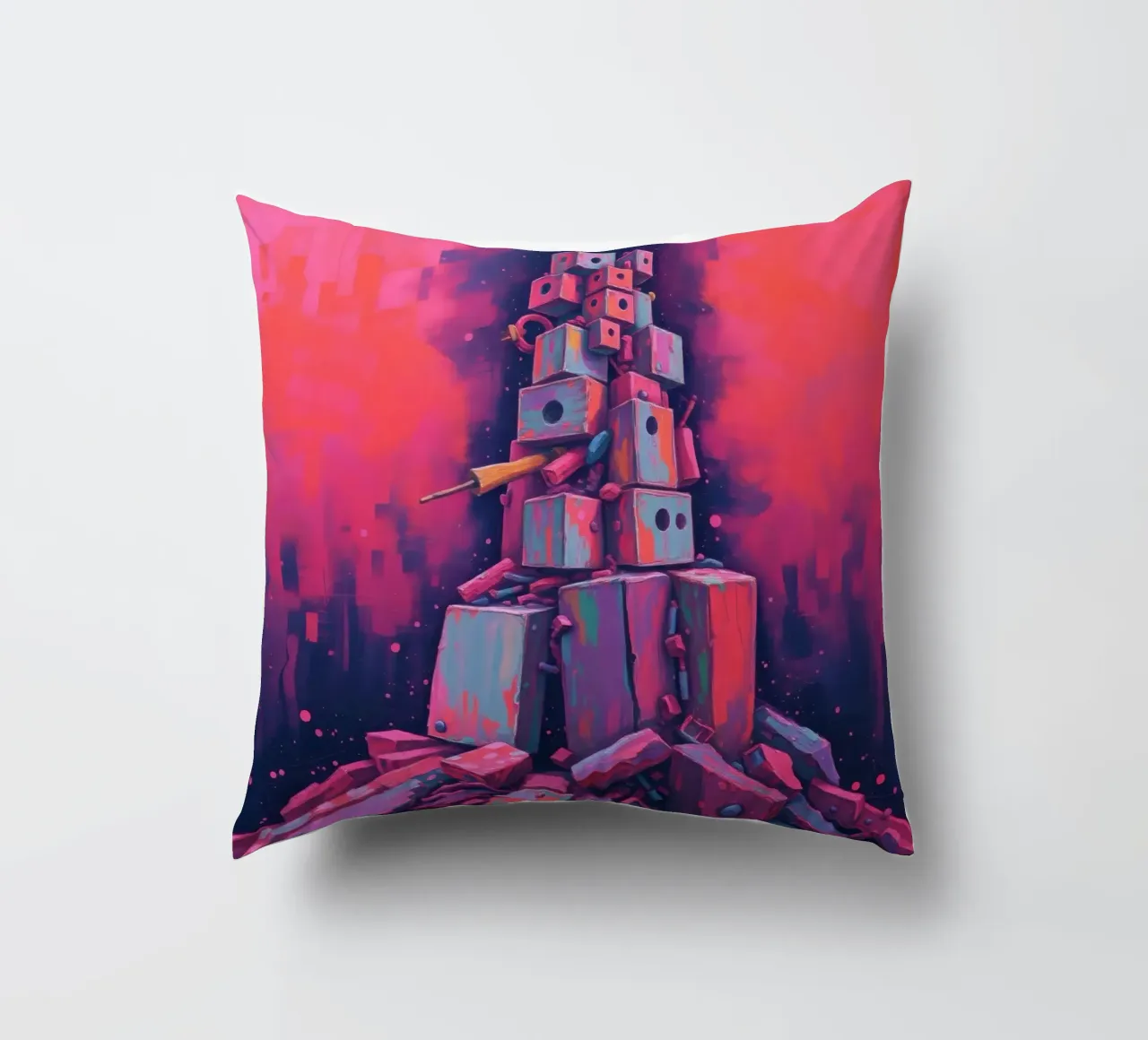 abstract tower of blocks pink art at night with a crescent decorative cushion by DesignDoodle
