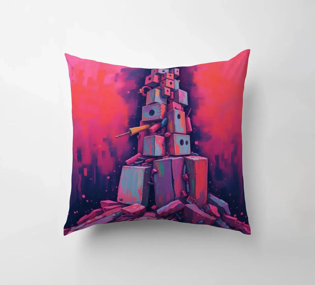 abstract tower of blocks pink art at night with a crescent decorative cushion by DesignDoodle