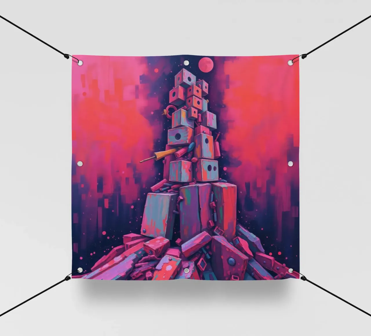 abstract tower of blocks pink art at night with a crescent pvc cover by DesignDoodle
