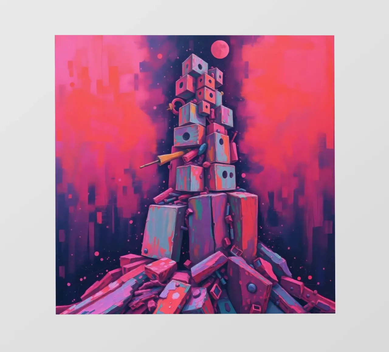 abstract tower of blocks pink art at night with a crescent pvc cover by DesignDoodle
