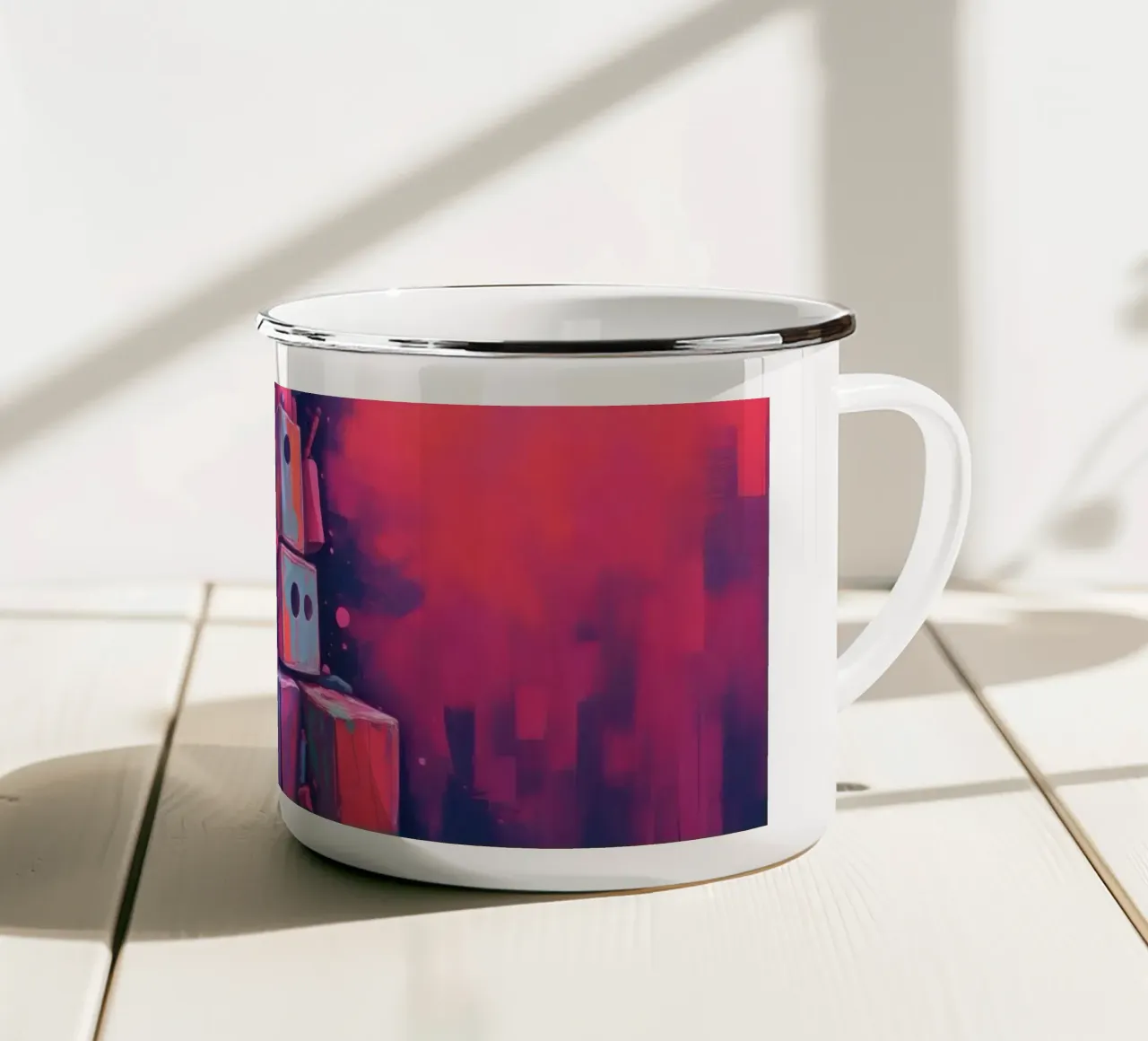 abstract tower of blocks pink art at night with a crescent enamel mug by DesignDoodle